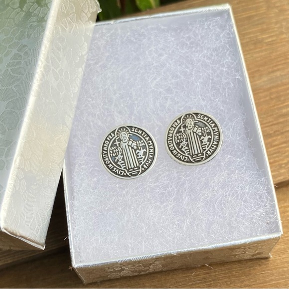 925 Sterling Silver  Saint Benedict Stud Earrings Small Catholic Earrings - Picture 4 of 9